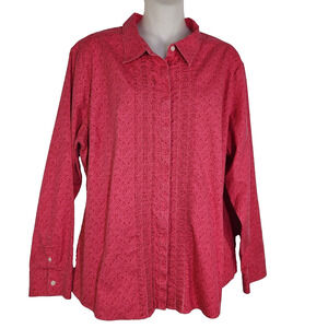 LL Bean Womens Wrinkle Resist Pleated Shirt XL Petite Paisley Hidden Button Pink